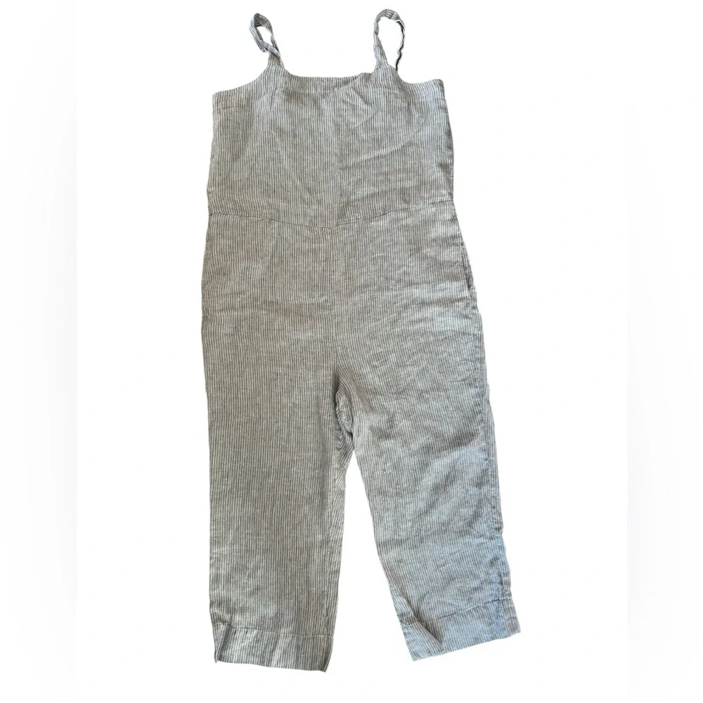 Everlane square neck Women's striped Gray Jumpsuit 100% linen plus Sz 16